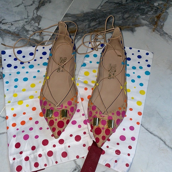 Salvatore Ferragamo Colorful Spotted Cork Lace-up Flats 🔴🟠🟡🟢🔵🟣 - Picture 3 of 17